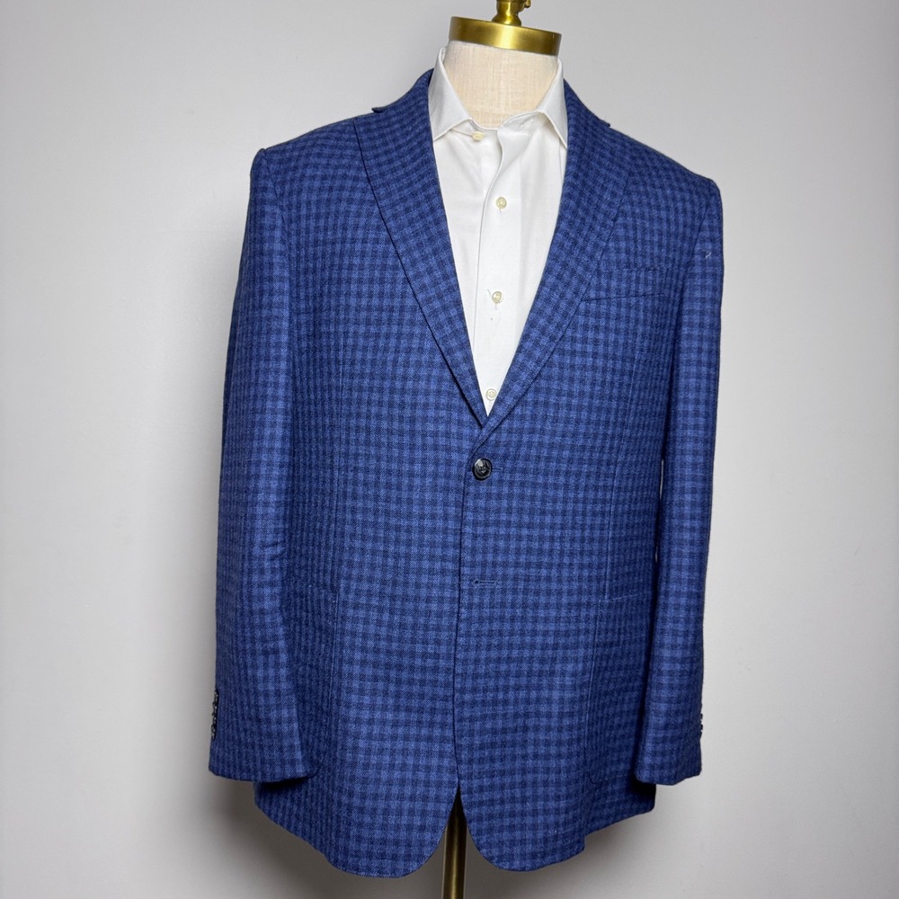 Jos. A. Bank Blazer Mens 44R Blue Check Wool Tailored Fit Two-Button Sport Coat